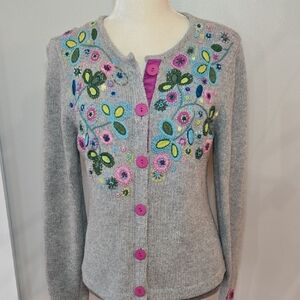 Talbots Women's Medium Gray & Pink Embroidered Floral Design Button-Up Cardigan